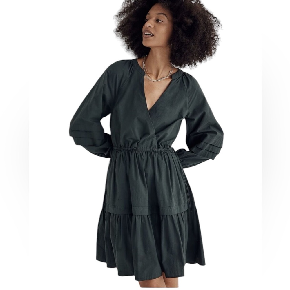 Madewell Green Crinkle Poplin Puff Sleeve Wrap Mini Dress Size XXS